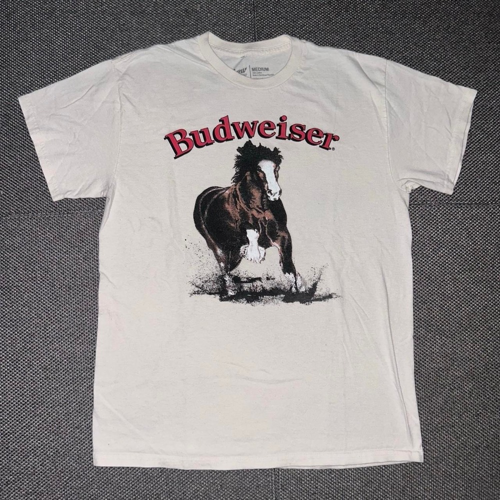 Budweiser Beer Big Horse Graphic White Western T Shirt Size Medium